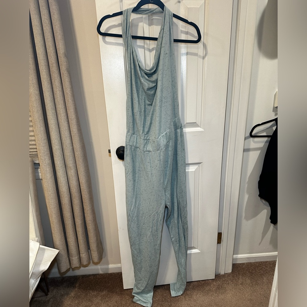 Light blue halter style jumpsuit terry cloth soft material